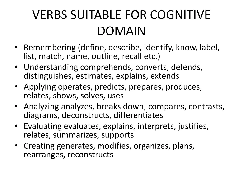 verbs suitable for cognitive domain remembering