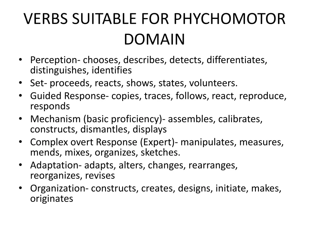 verbs suitable for phychomotor domain perception