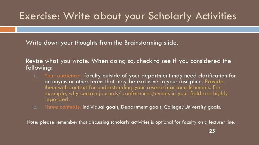 exercise write about your scholarly activities
