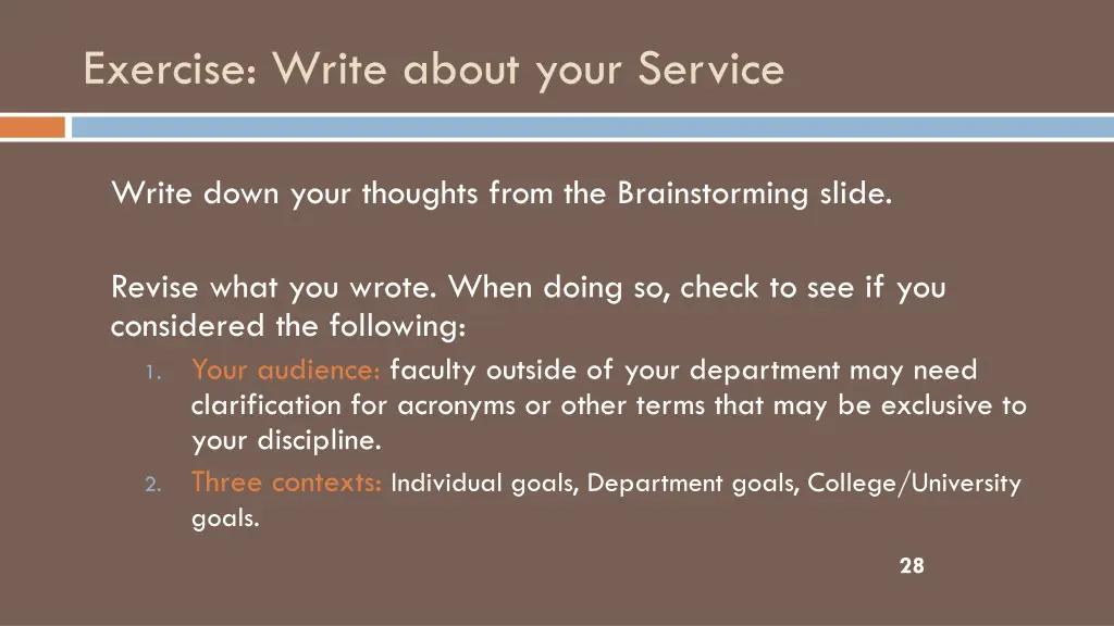 exercise write about your service