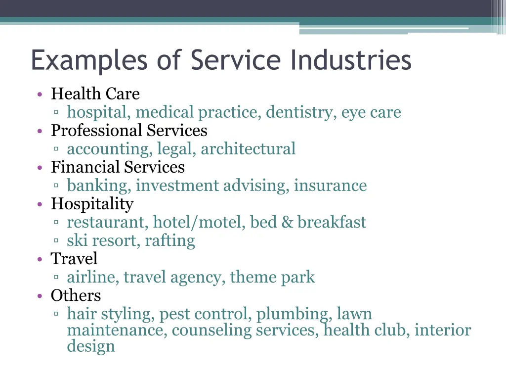 examples of service industries health care