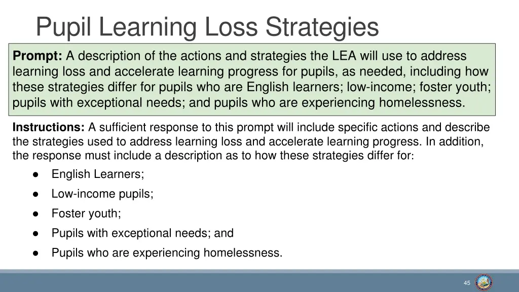 pupil learning loss strategies prompt