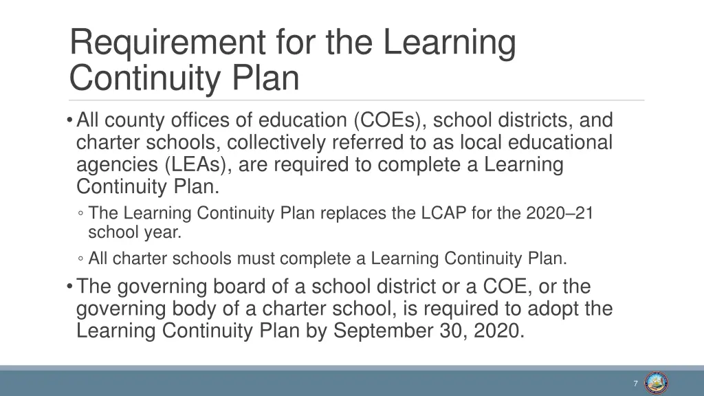 requirement for the learning continuity plan