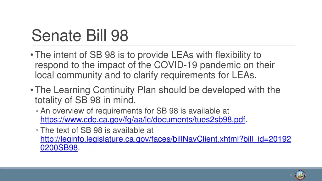 senate bill 98 the intent of sb 98 is to provide