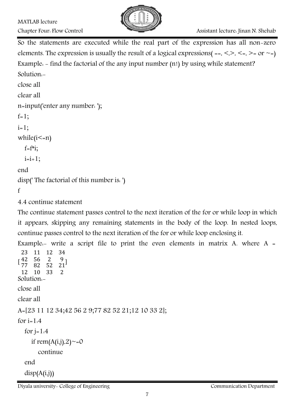 matlab lecture chapter four flow control 1