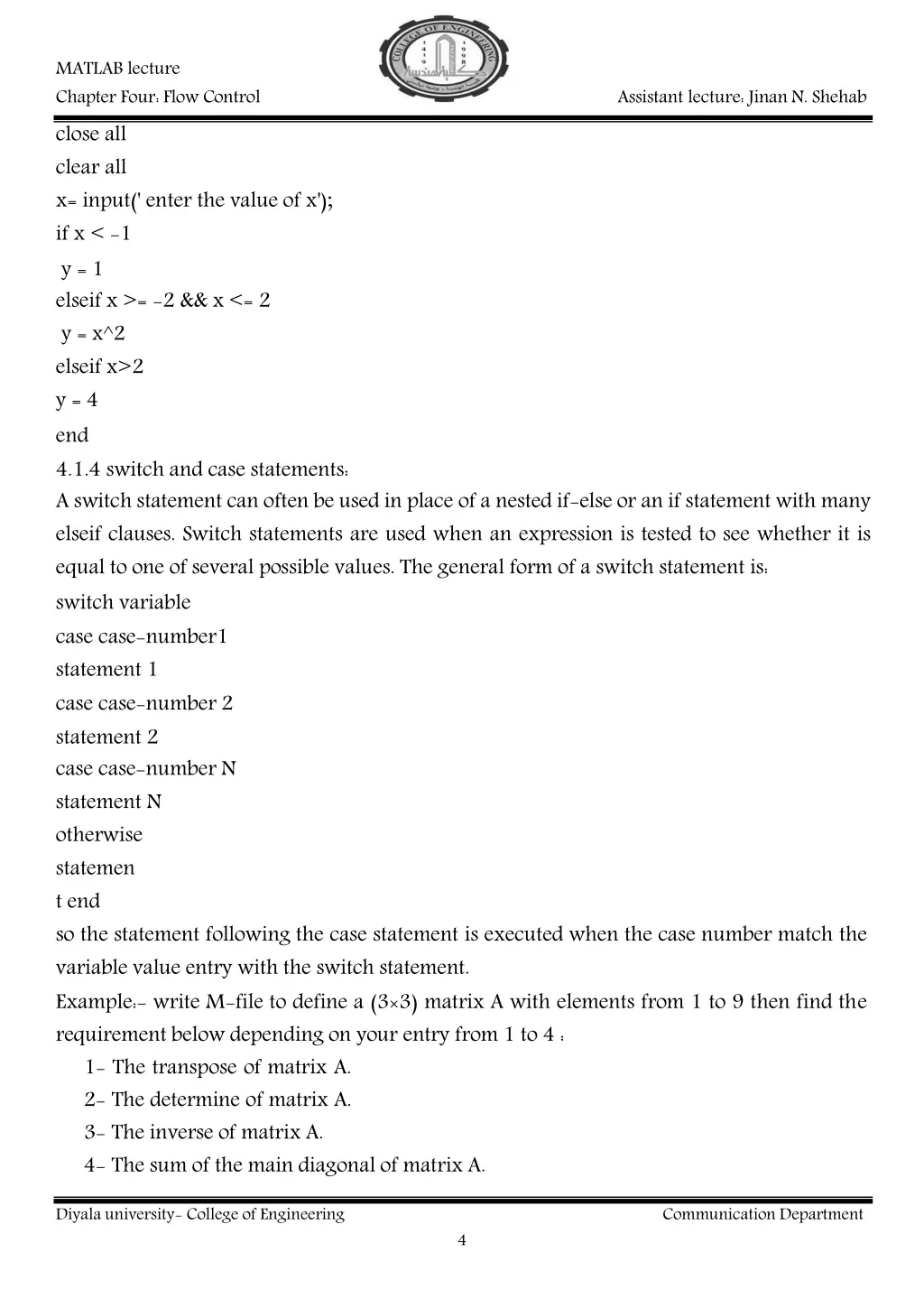 matlab lecture chapter four flow control close 1
