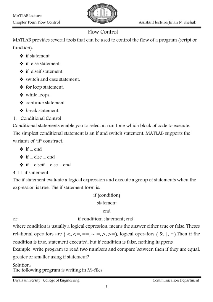 matlab lecture chapter four flow control