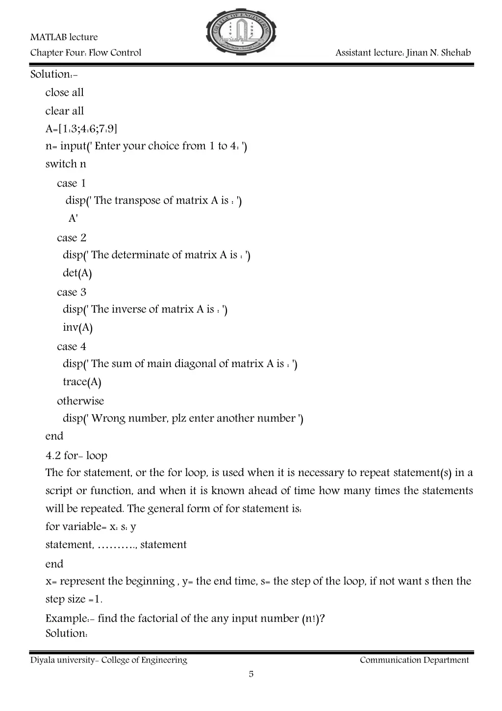 matlab lecture chapter four flow control solution