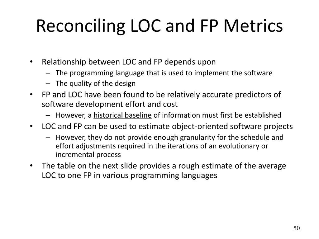 reconciling loc and fp metrics