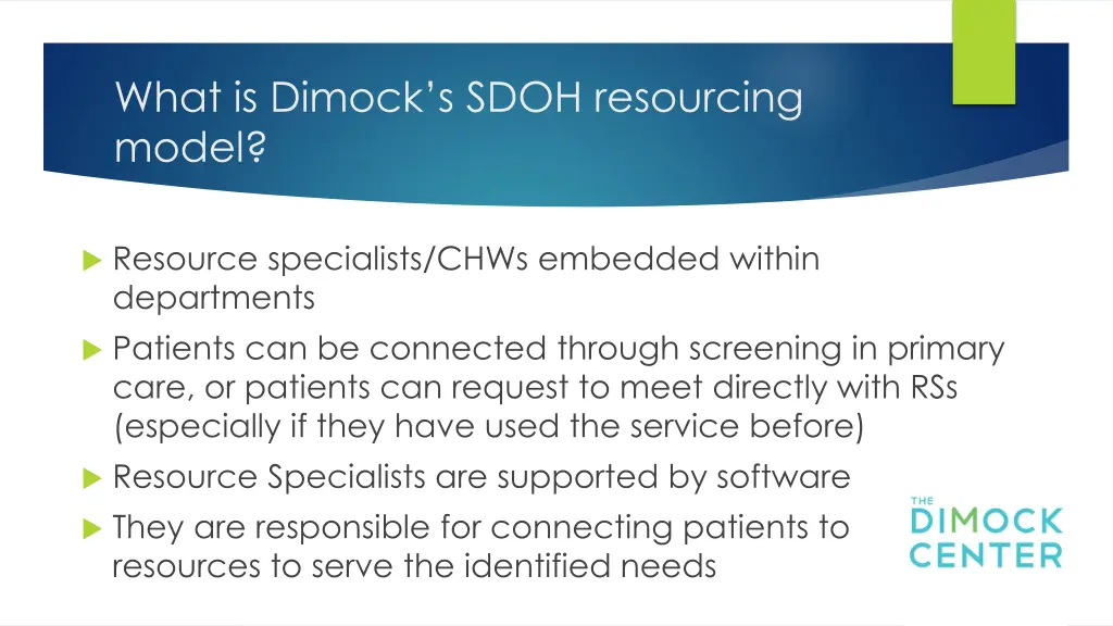 what is dimock s sdoh resourcing model