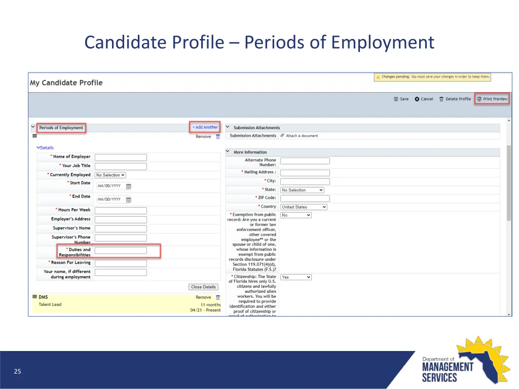 candidate profile periods of employment