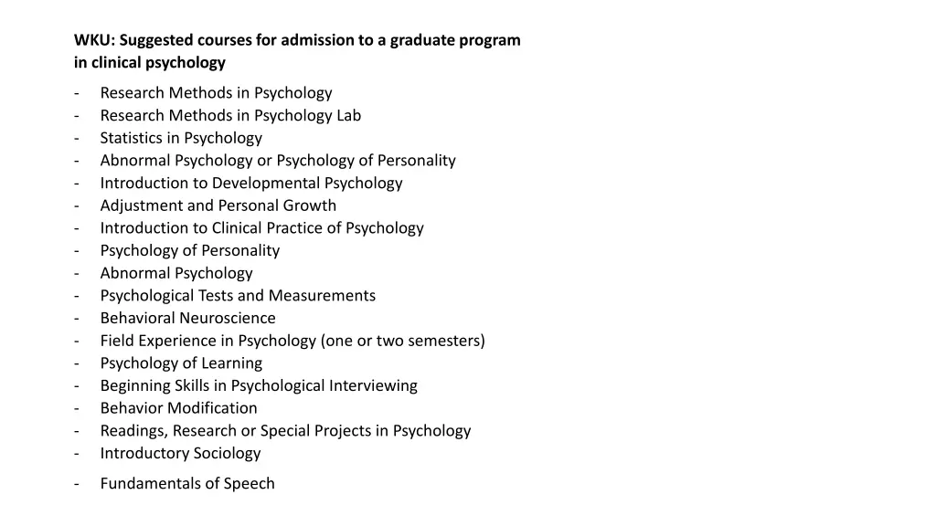 wku suggested courses for admission to a graduate