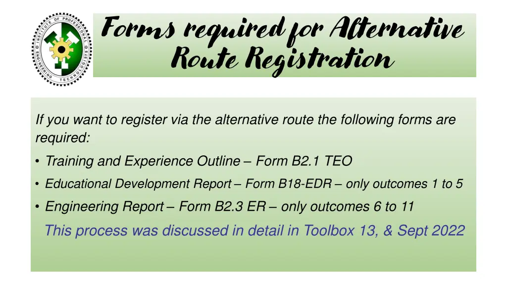 forms required for alternative route registration