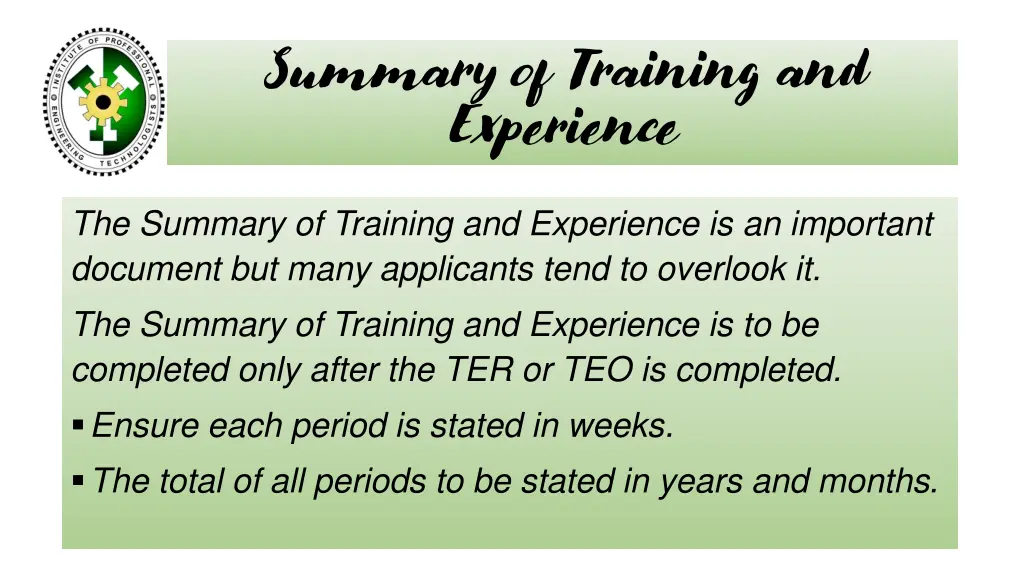 summary of training and experience