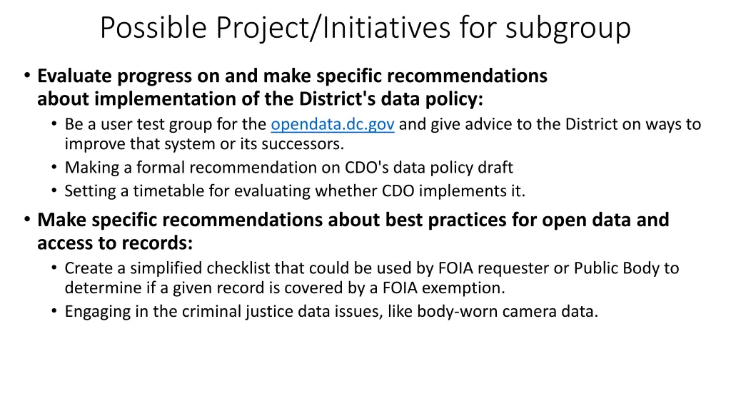possible project initiatives for subgroup 1