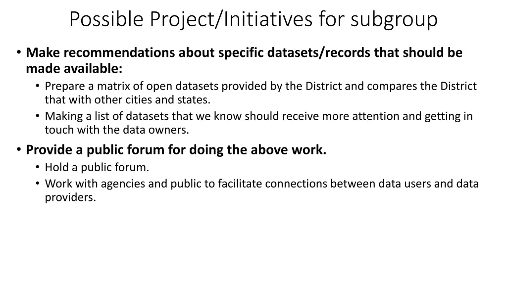 possible project initiatives for subgroup 2