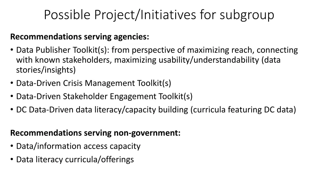 possible project initiatives for subgroup 3