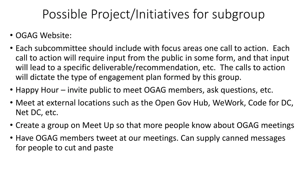 possible project initiatives for subgroup 4