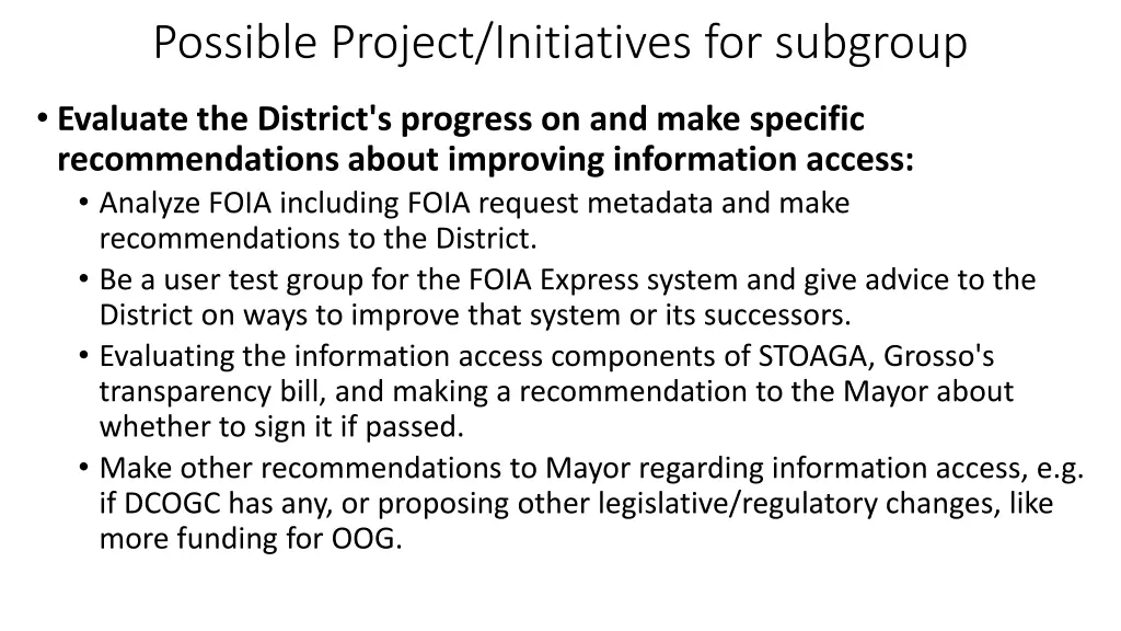 possible project initiatives for subgroup