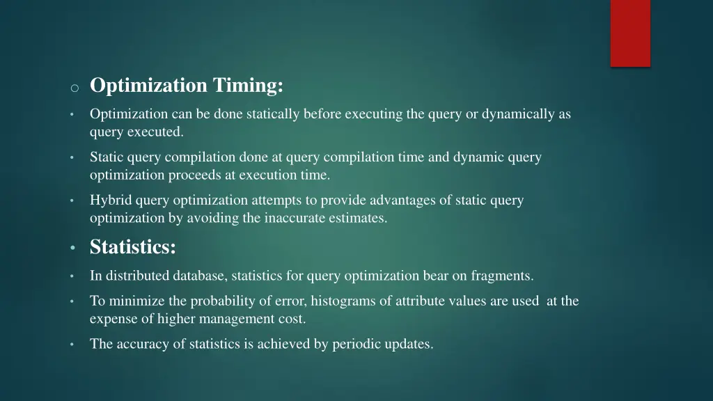 o optimization timing