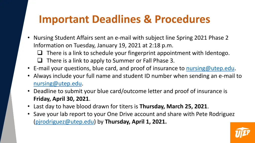 important deadlines procedures