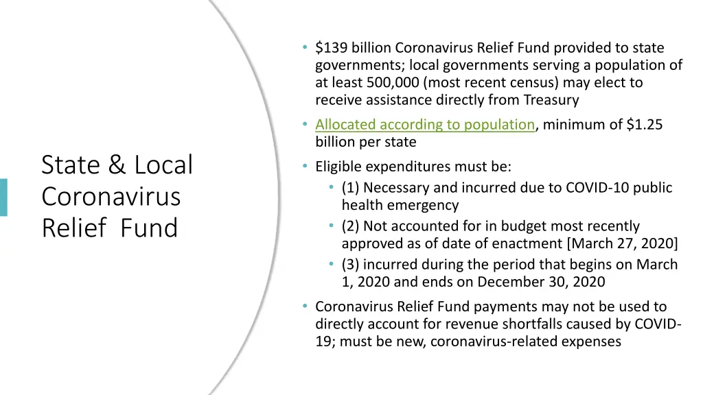 139 billion coronavirus relief fund provided