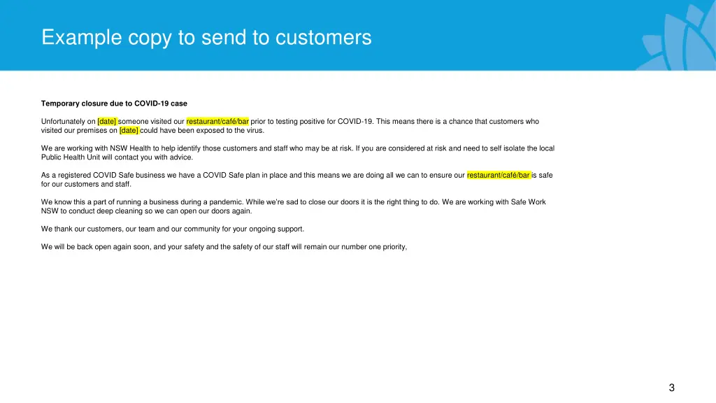 example copy to send to customers