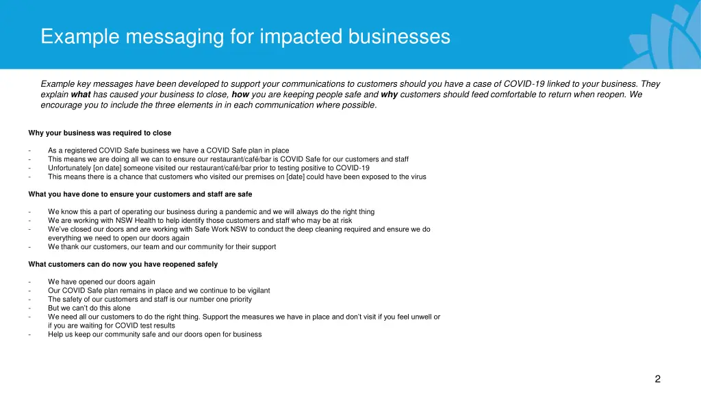 example messaging for impacted businesses