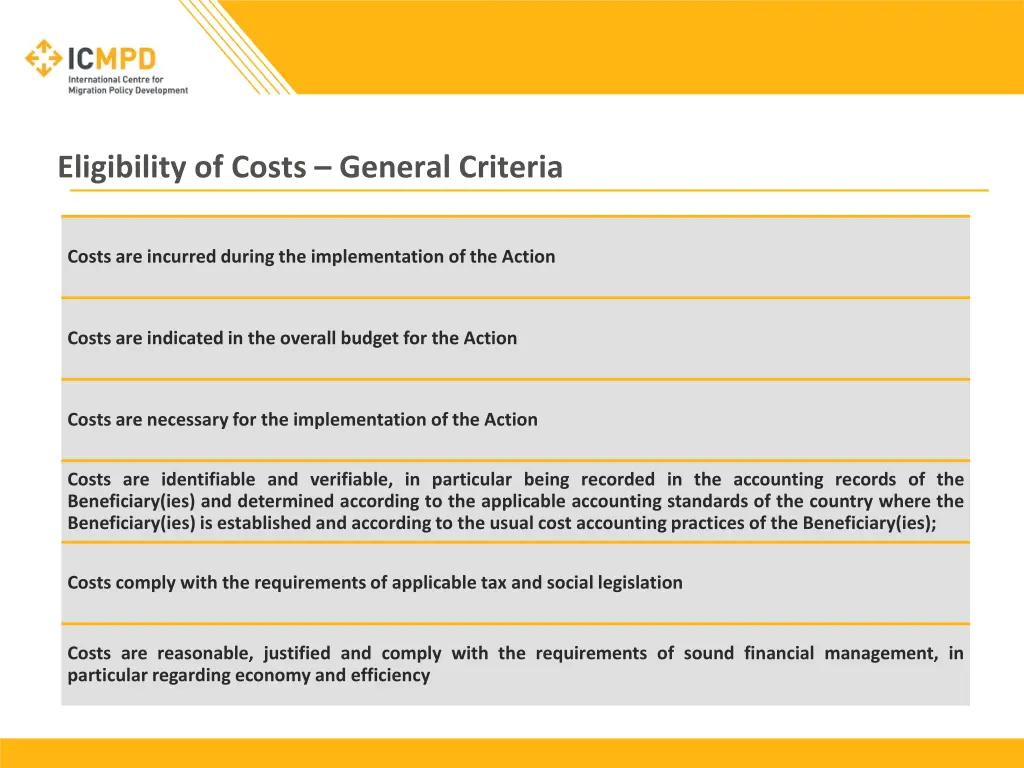 eligibility of costs general criteria