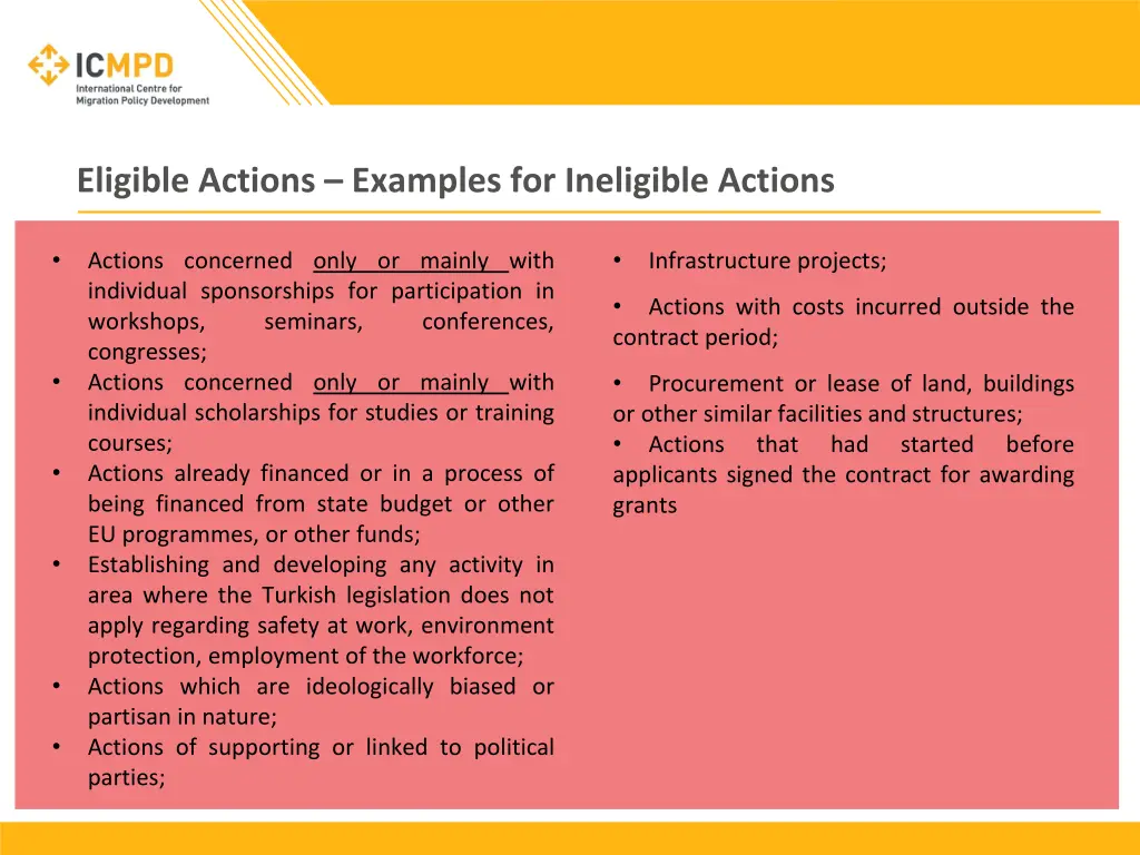 eligible actions examples for ineligible actions
