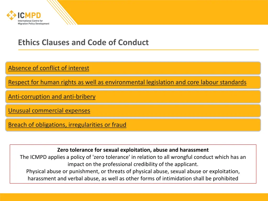 ethics clauses and code of conduct