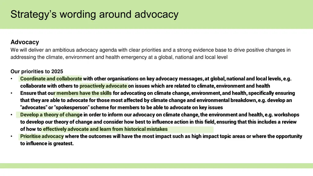 strategy s wording around advocacy