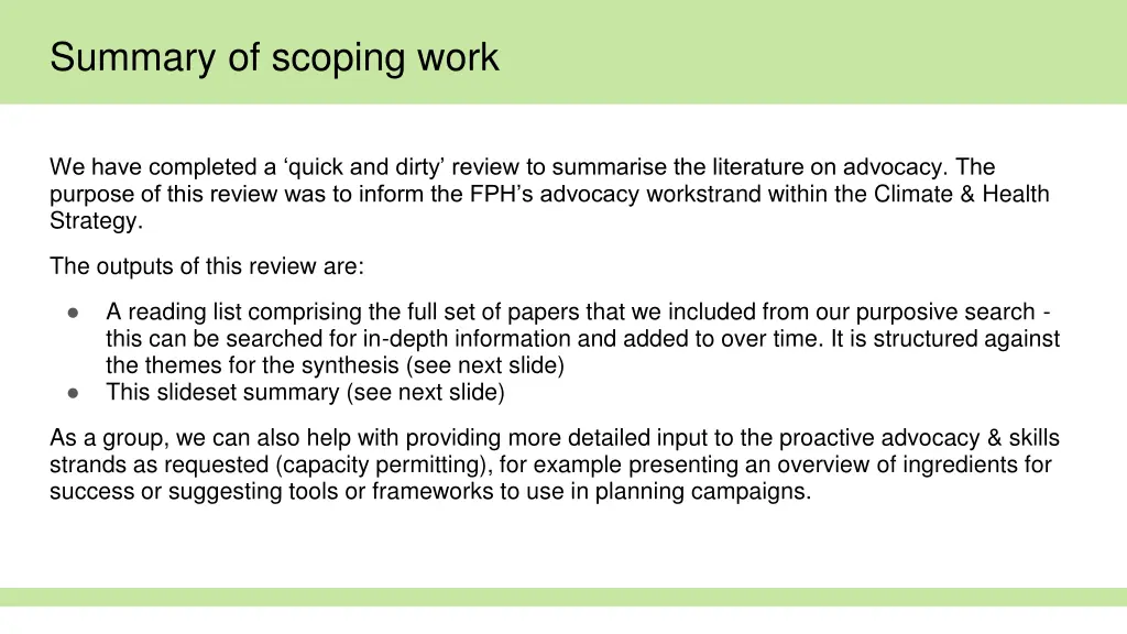 summary of scoping work