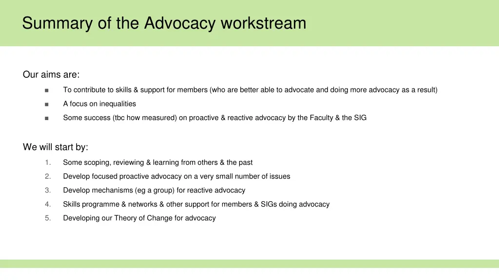 summary of the advocacy workstream