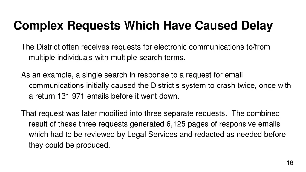 complex requests which have caused delay