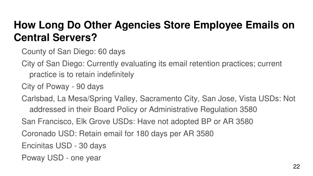 how long do other agencies store employee emails