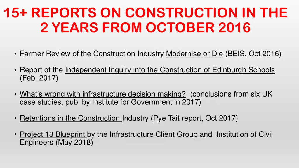 15 reports on construction in the 2 years from
