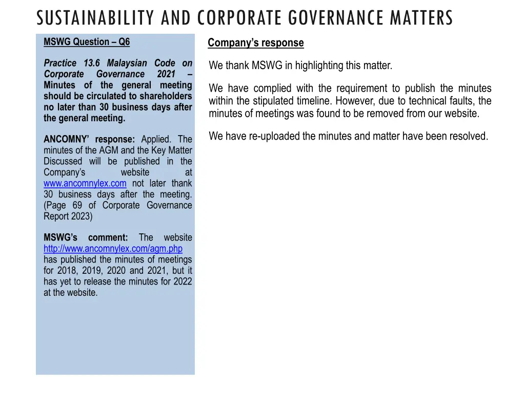 sustainability and corporate governance matters