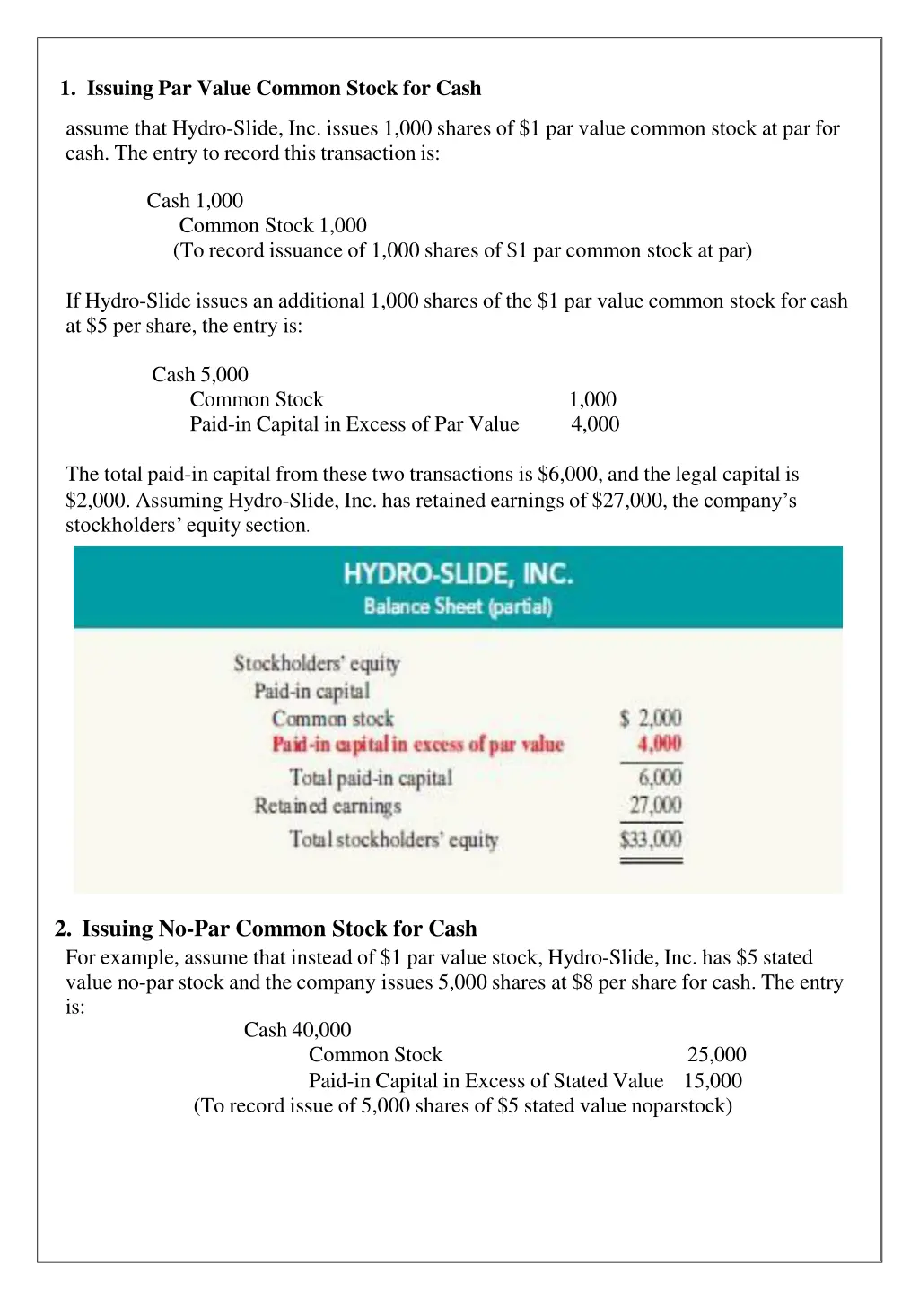 1 issuing par value common stock for cash