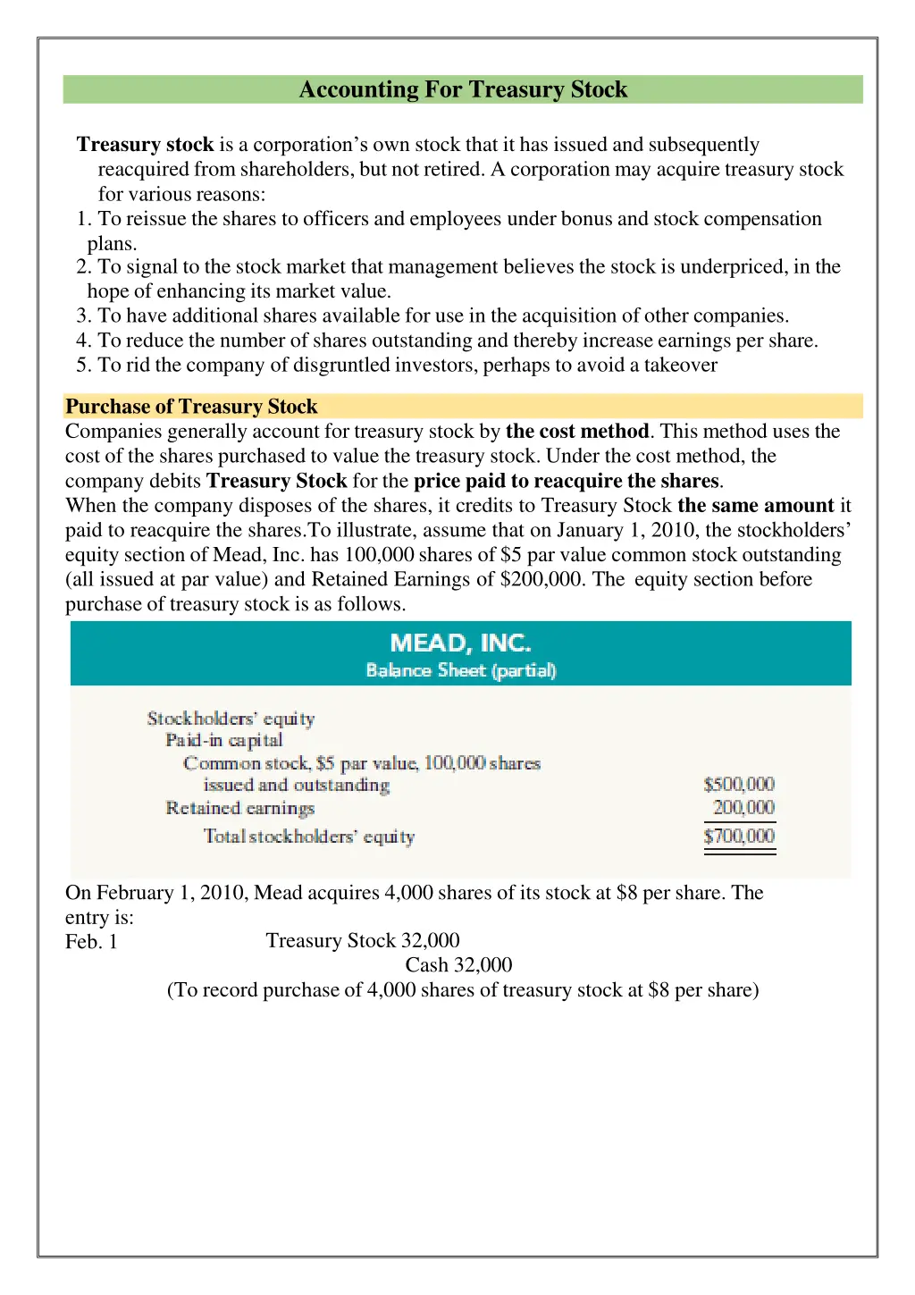 accounting for treasury stock