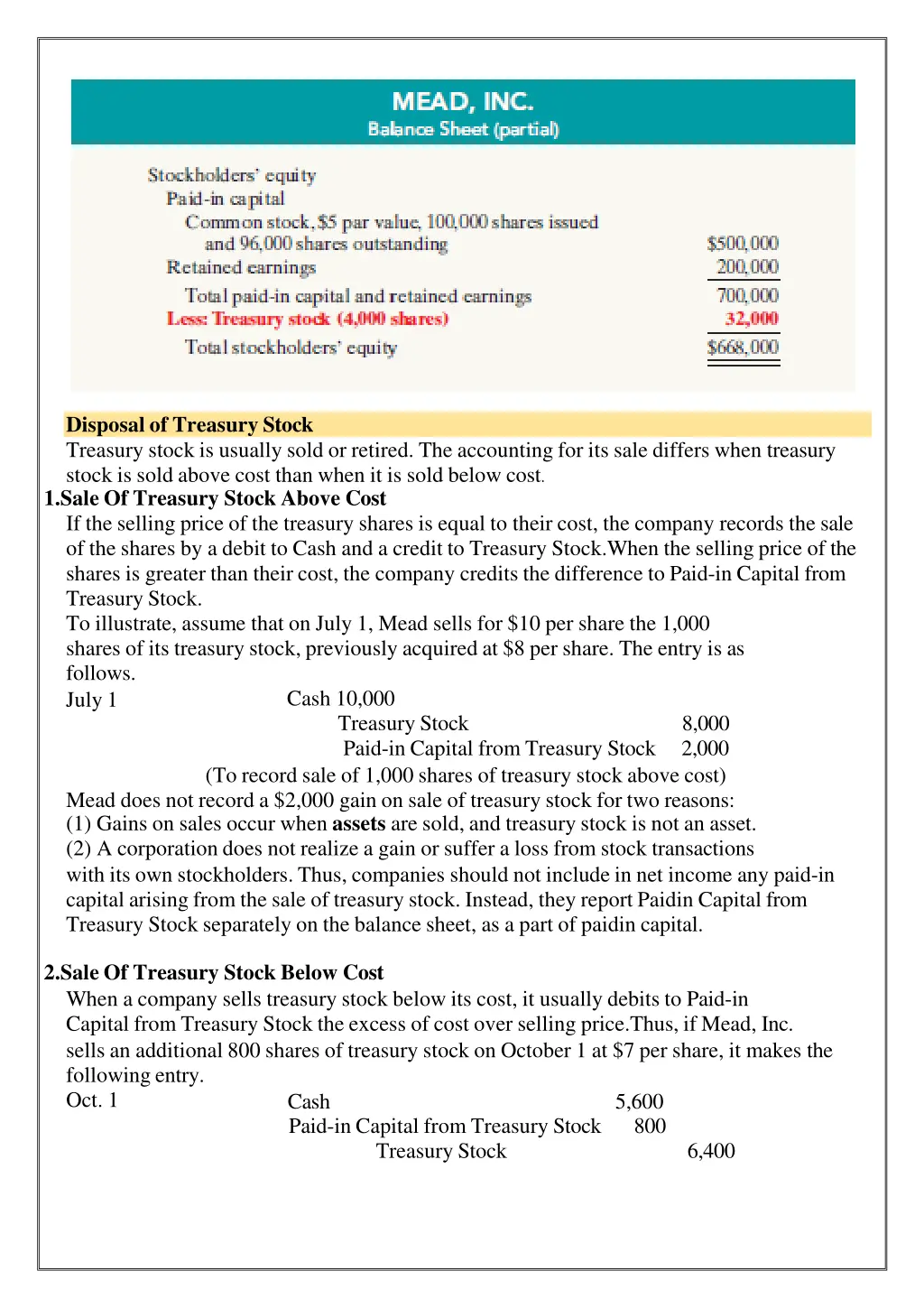 disposal of treasury stock treasury stock