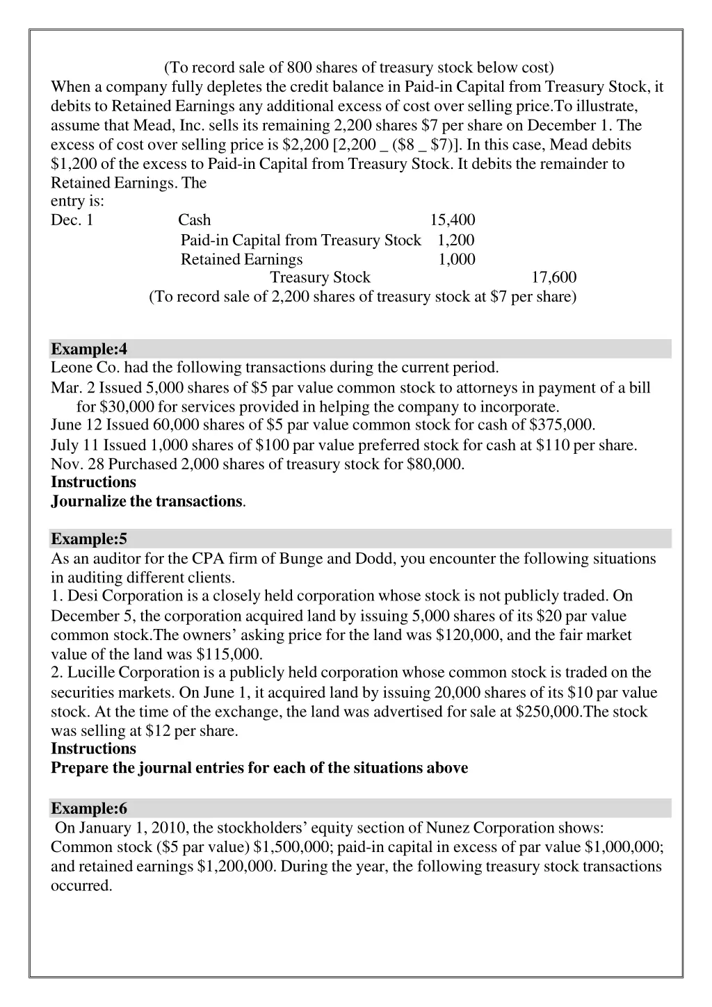 to record sale of 800 shares of treasury stock
