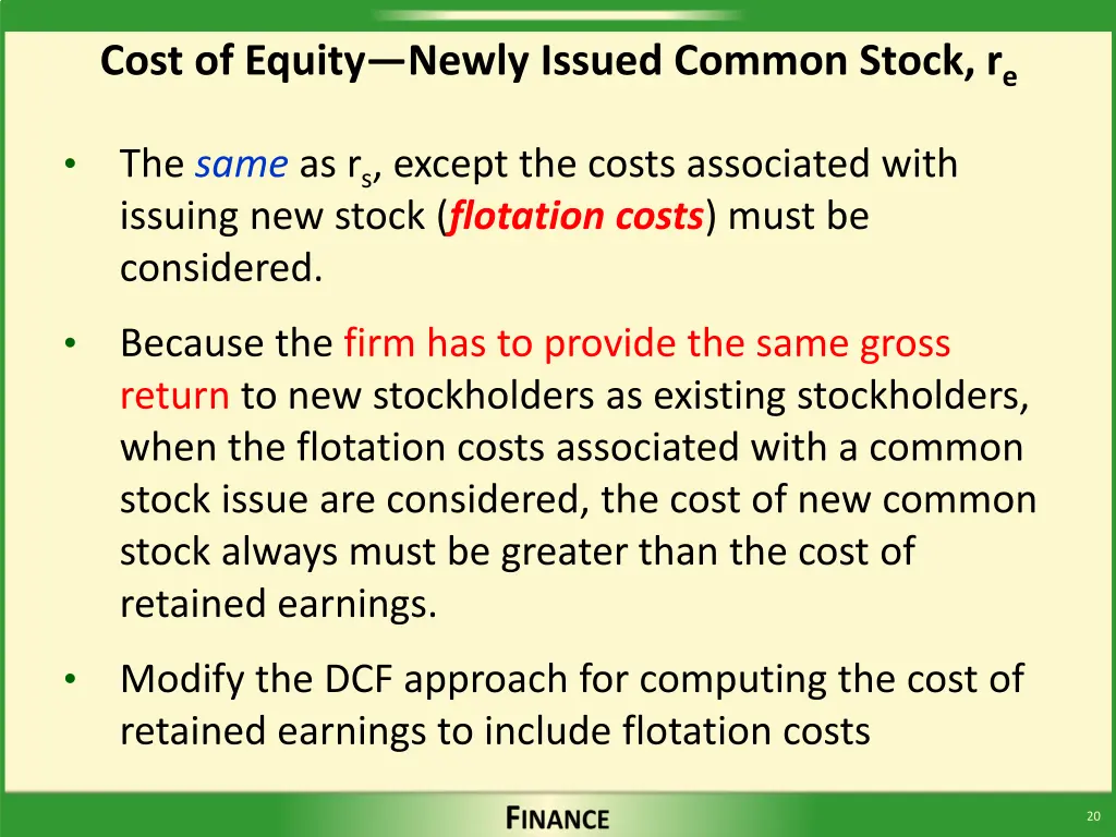 cost of equity newly issued common stock r e