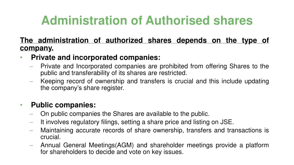administration of authorised shares