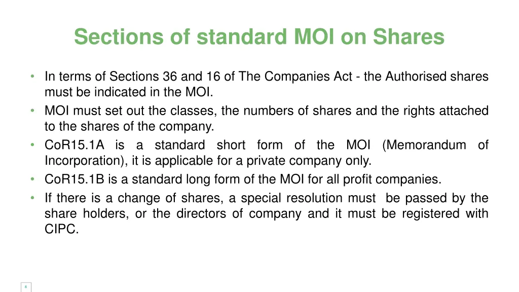 sections of standard moi on shares