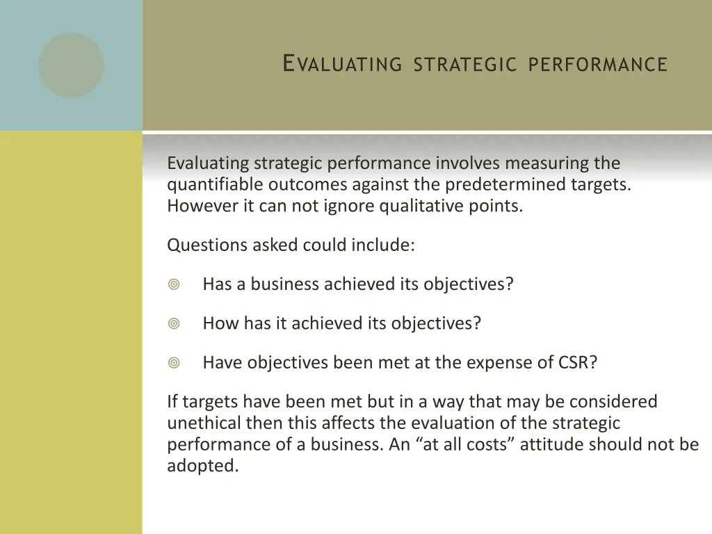 e valuating strategic performance