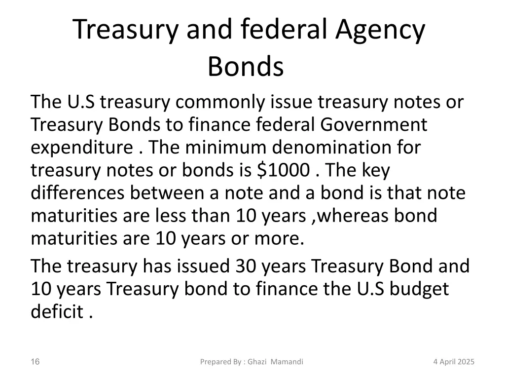 treasury and federal agency bonds