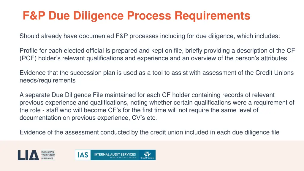 f p due diligence process requirements