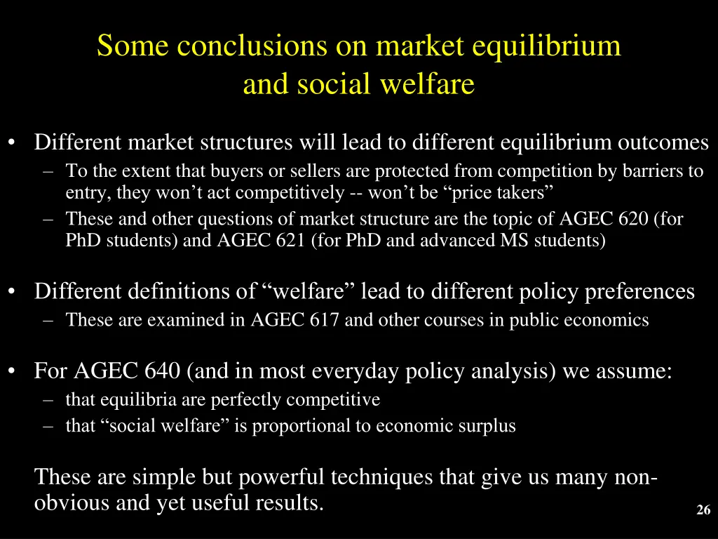 some conclusions on market equilibrium and social