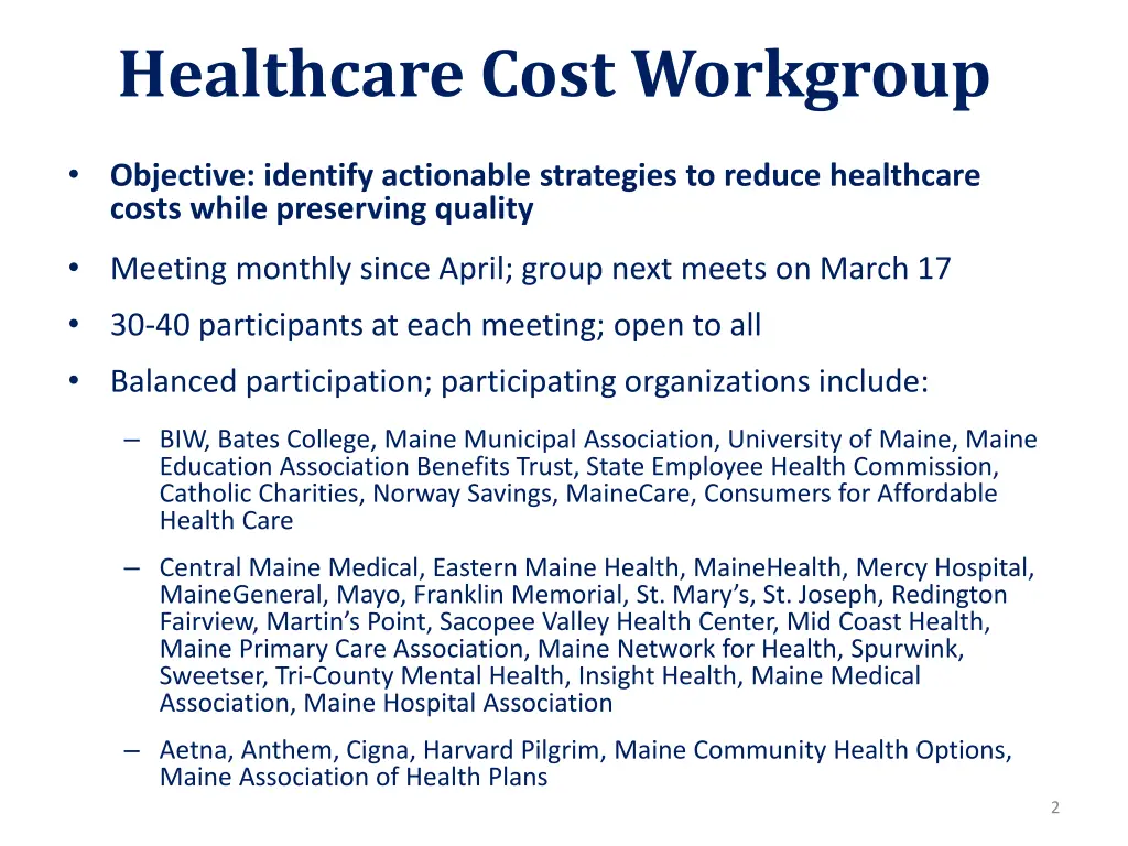 healthcare cost workgroup